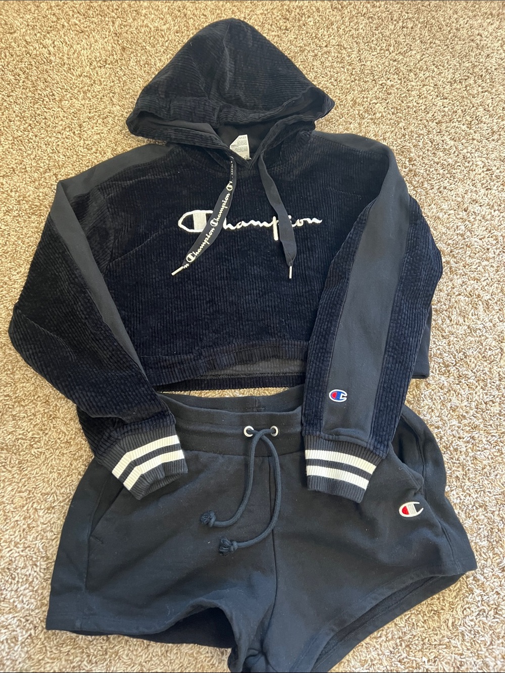 Champion Black Hoodie & Shorts Set with White Logo